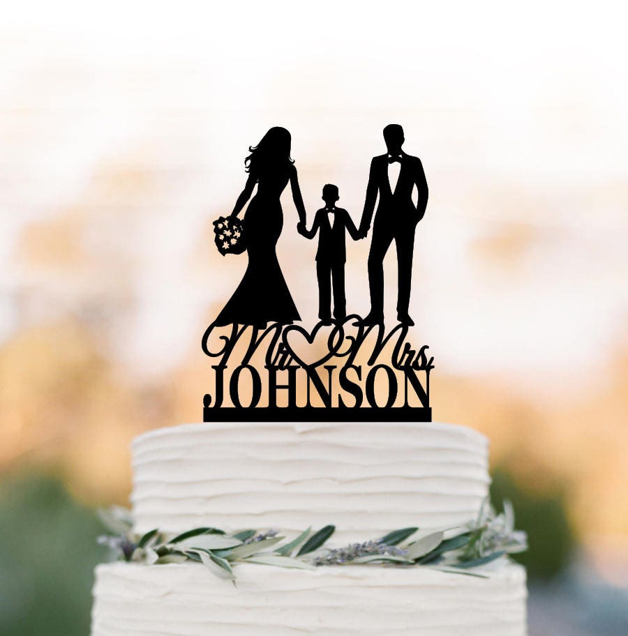 Family Wedding Cake Topper With Boy, Personalized Wedding Cake Toppers, Mr & Mrs Toppers Child Silhouette