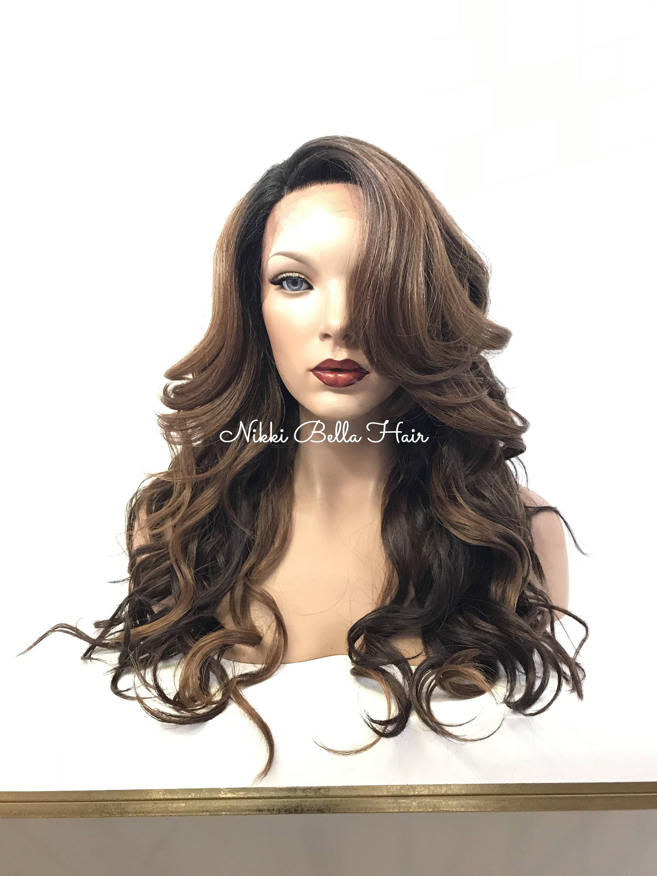 Frosted Brown Ombre' Human Hair Blend Multi Parting Curls Lace Front Wig 20'