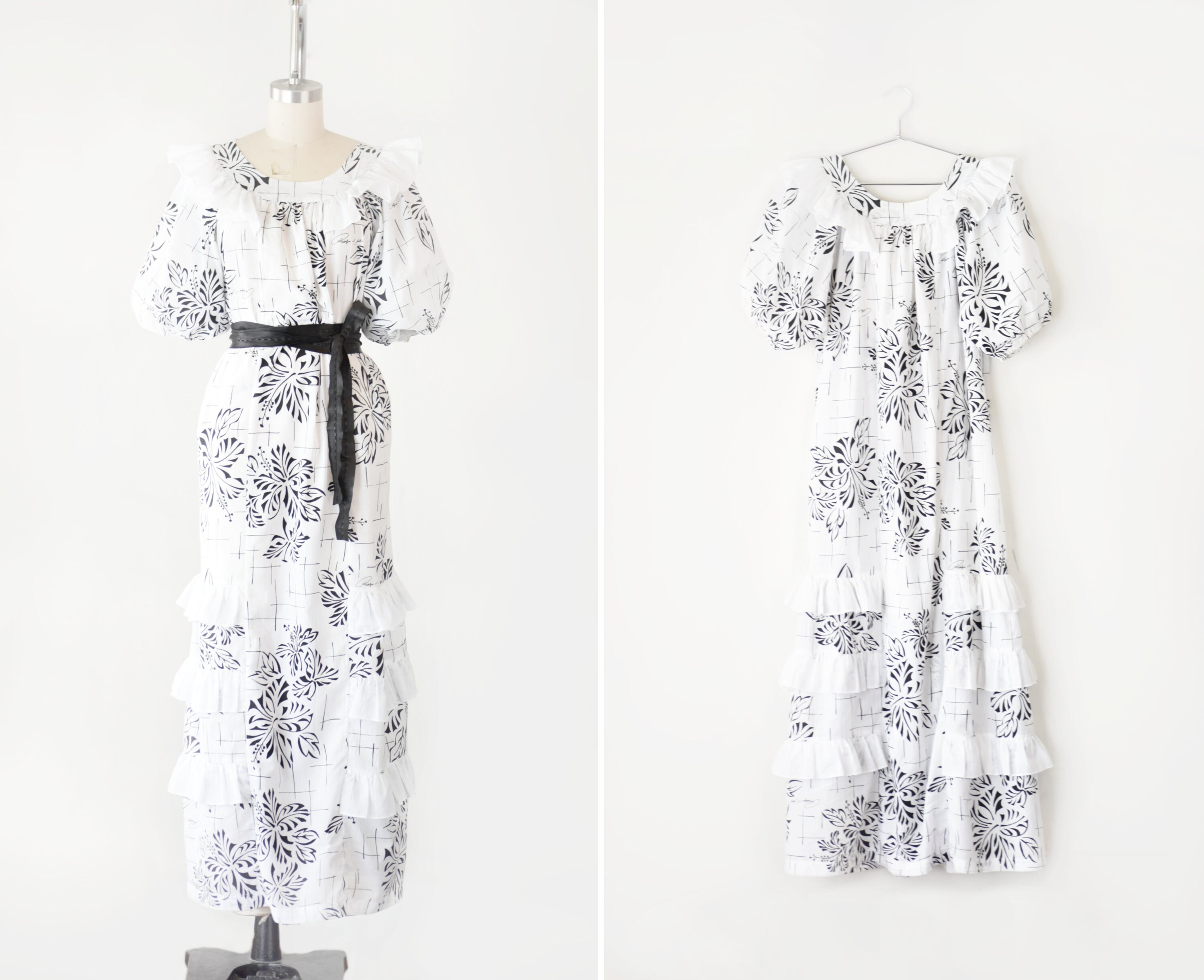 Cotton Blend Puff Sleeve Dress S/Flowy Maxi in Floral Print Loose Summer Trapeze Ruffle Neck /Sm