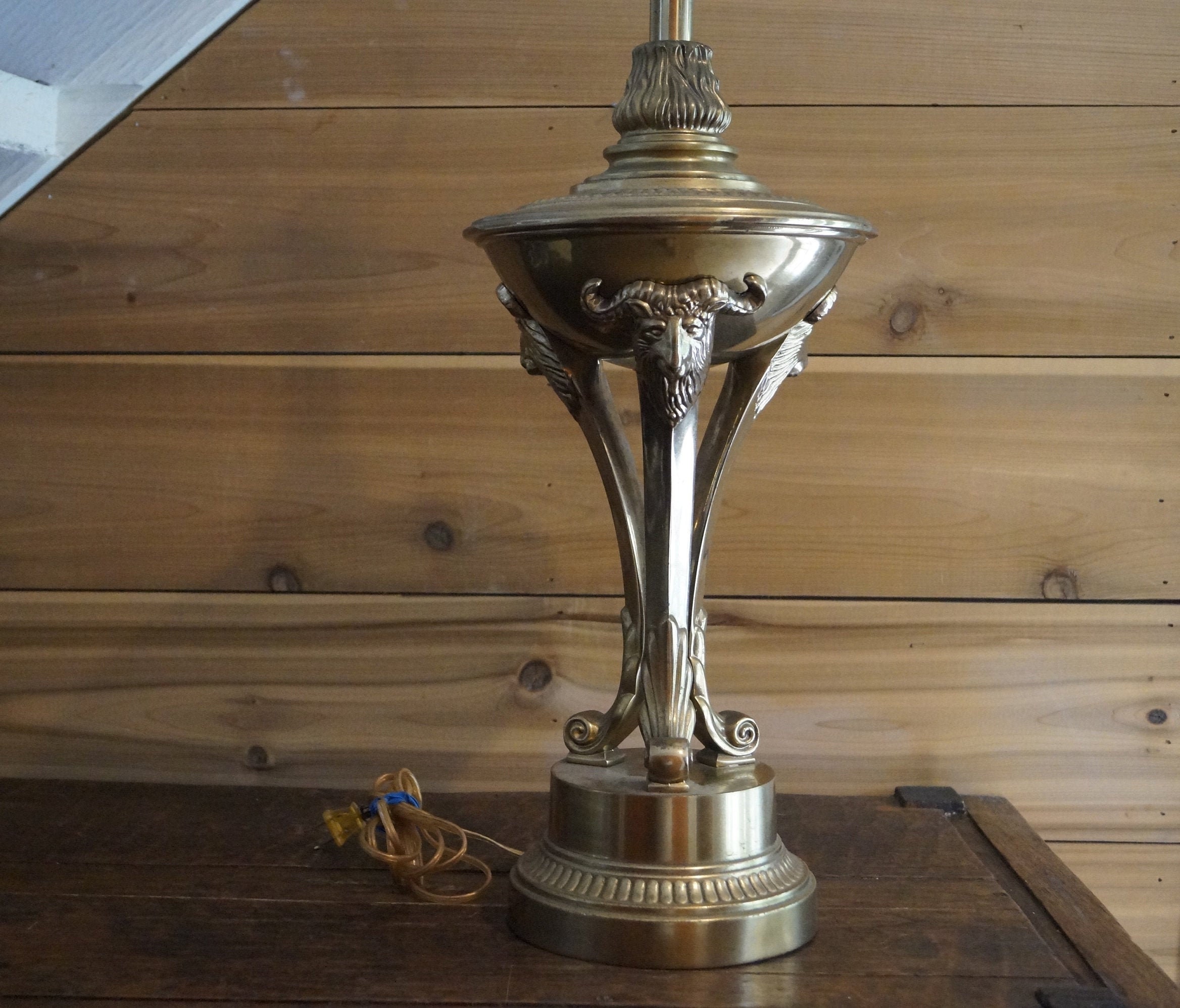 Large Vintage Brass Rams Head Lamp, Animal Lamp