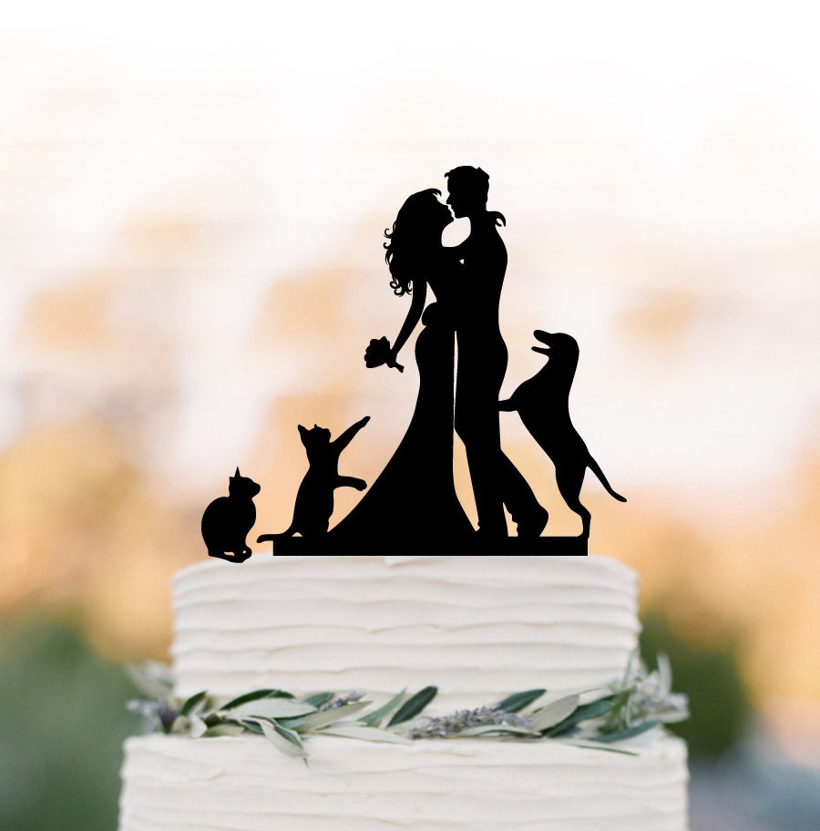 Funny Wedding Cake Topper With Cat. Cake Topper Dog, Silhouette Topper, Rustic Decoration