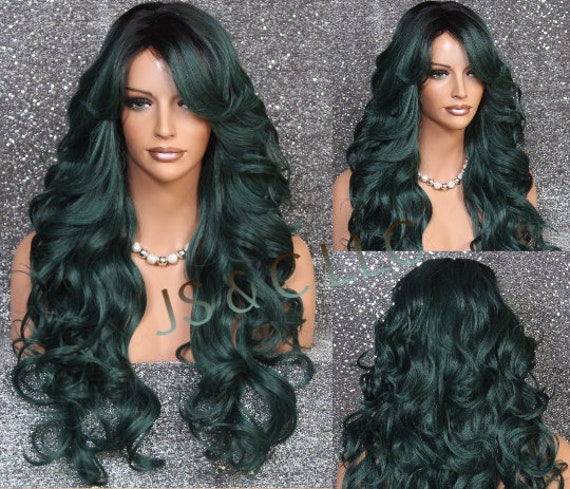 stunning Human Hair Blend Heat Ok Emerald Green Goddess Full Wig Big Loose Beachy Waves Full Bangs Cancer/Alopecia/Cosplay