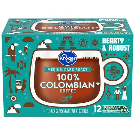 Kroger 100% Colombian Medium Dark Roast Coffee K-Cup Pods - 0.34 oz x 12 pack