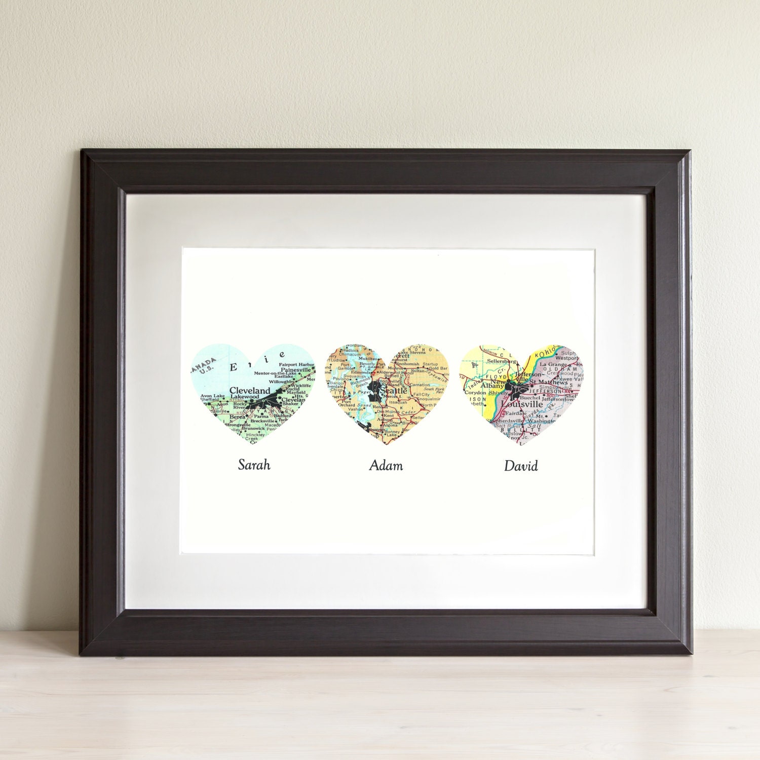 Three Map Heart Art Print. Print Only. No Frame. You Select Locations Worldwide & Personalized Text. Family Home Decor. Siblings Gift