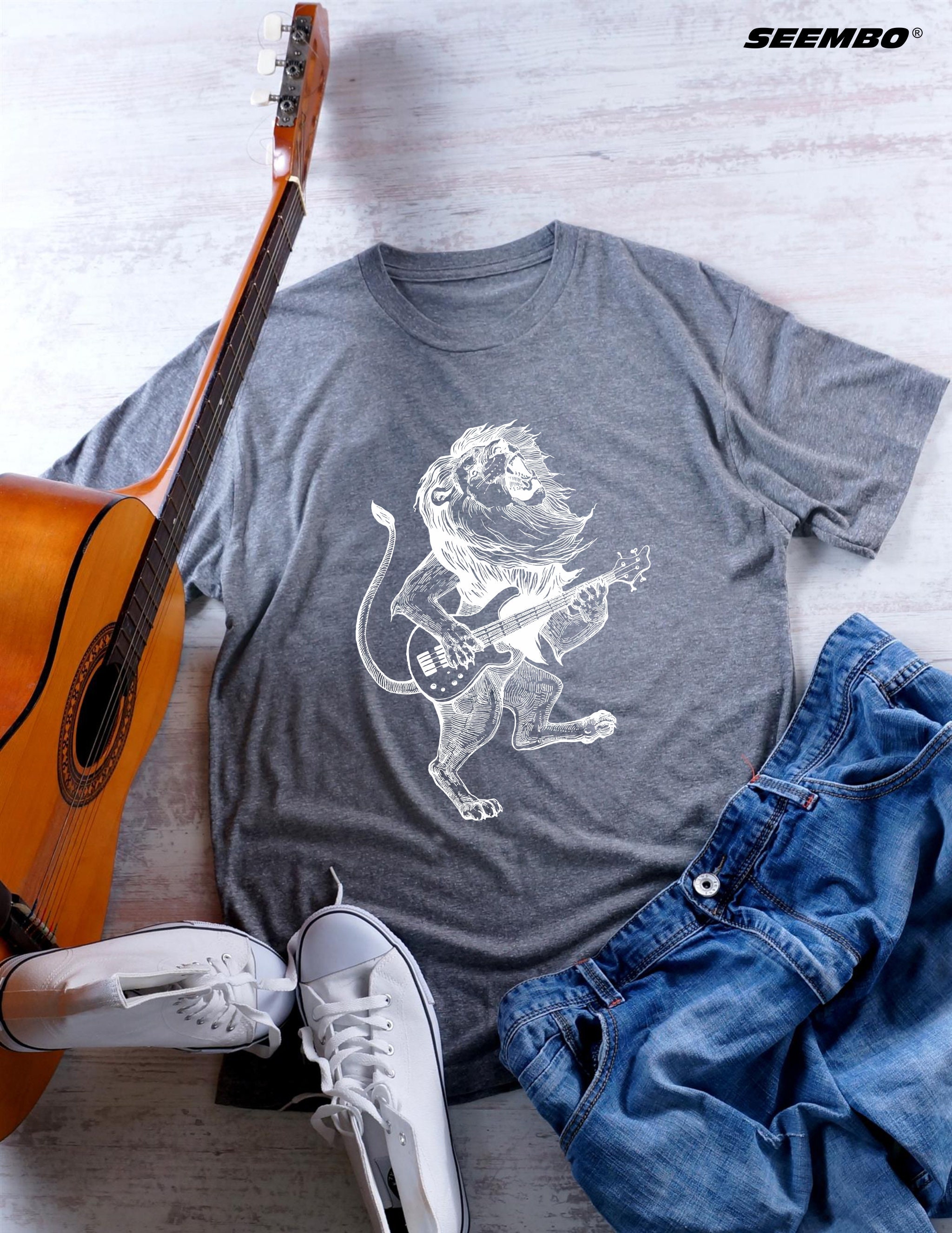 Lion Playing Guitar Unisex Tri-Blend T-Shirt Gift For Him, Shirt Boyfriend Gift, Musician Husband Mens Birthday Gifts Seembo