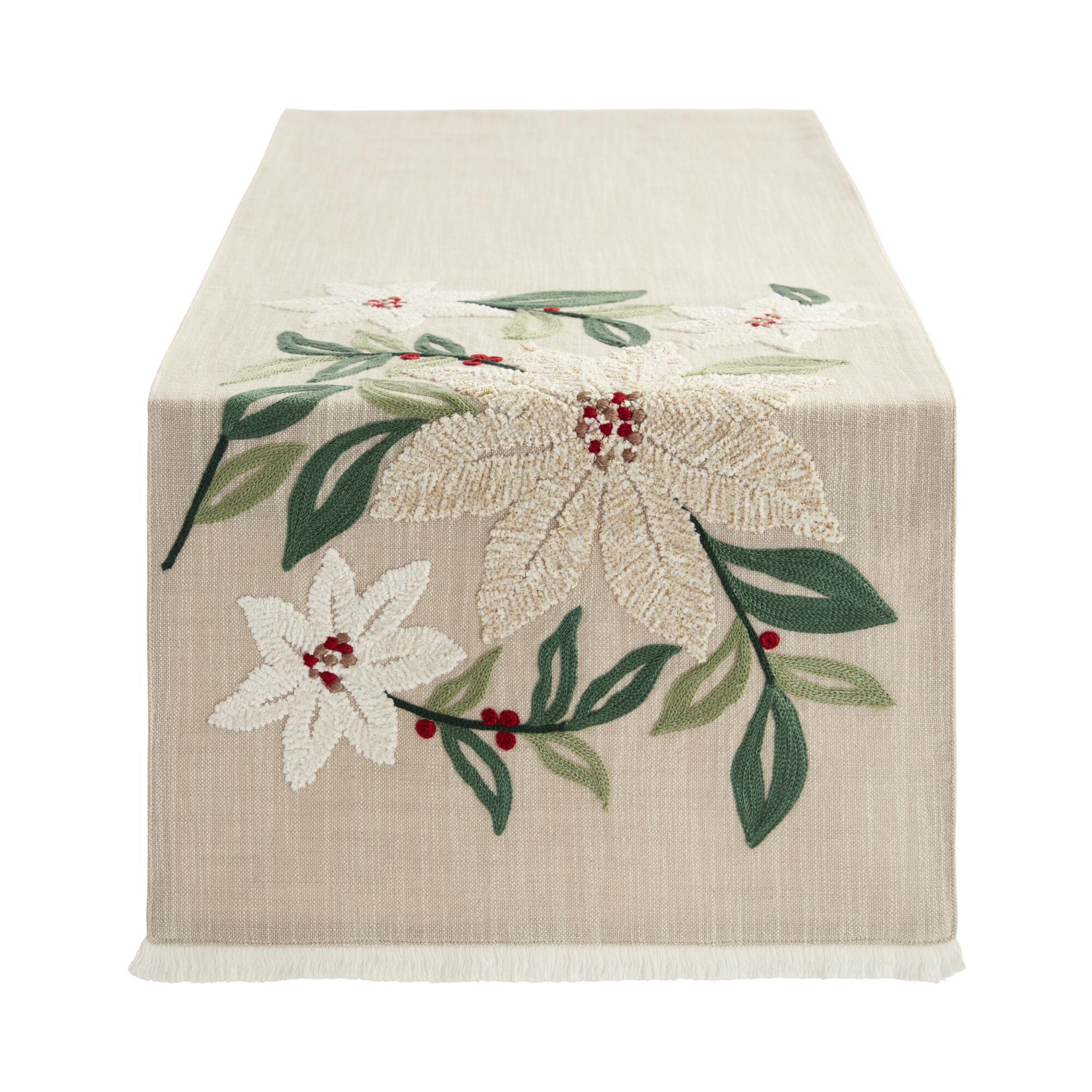 Pier Place Natural Holiday Floral Embroidered Table Runner: Multi - Cotton by World Market