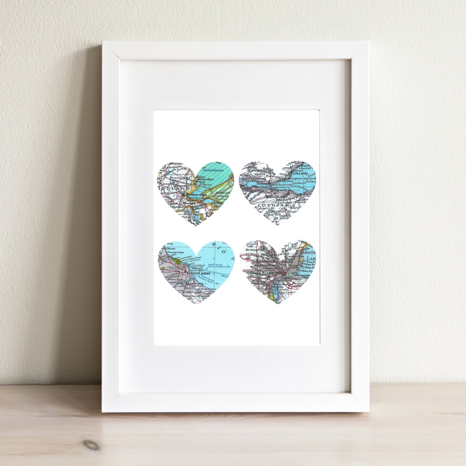 Custom Four Heart Map Art Print. Print Only No Frame. You Select Locations Worldwide & Personalized Text. 4 Wedding Gift