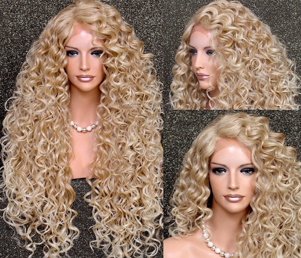 Blonde Mix Human Hair Blend Full Lace Front Wig Extra Volume & Curly Untamed Wild Heat Safe Side Part Cancer Cosplay Alopecia