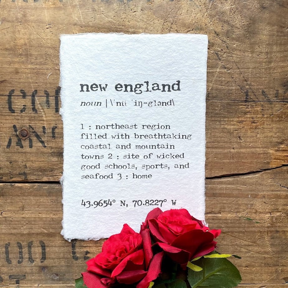 New England Definition Print in Typewriter Font On 5x7 Or 8x10 Handmade Paper, Northeast, Ma, Nh, Maine, Vermont, Ct, Housewarming Gift