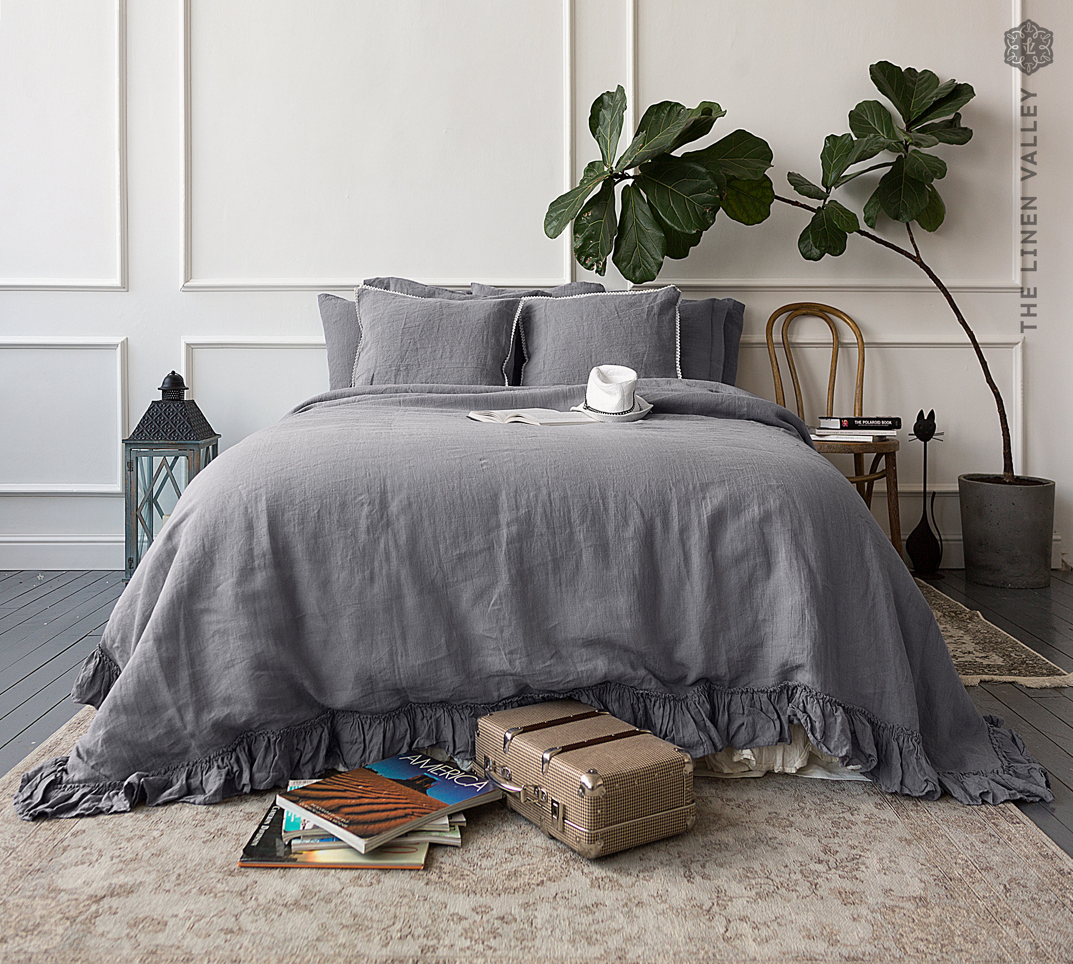 Charcoal Grey Linen Comforter Cover -Shabby Chic Bedding-Ruffled Charcoal Grey Queen/King Size Doona Cover - Queen