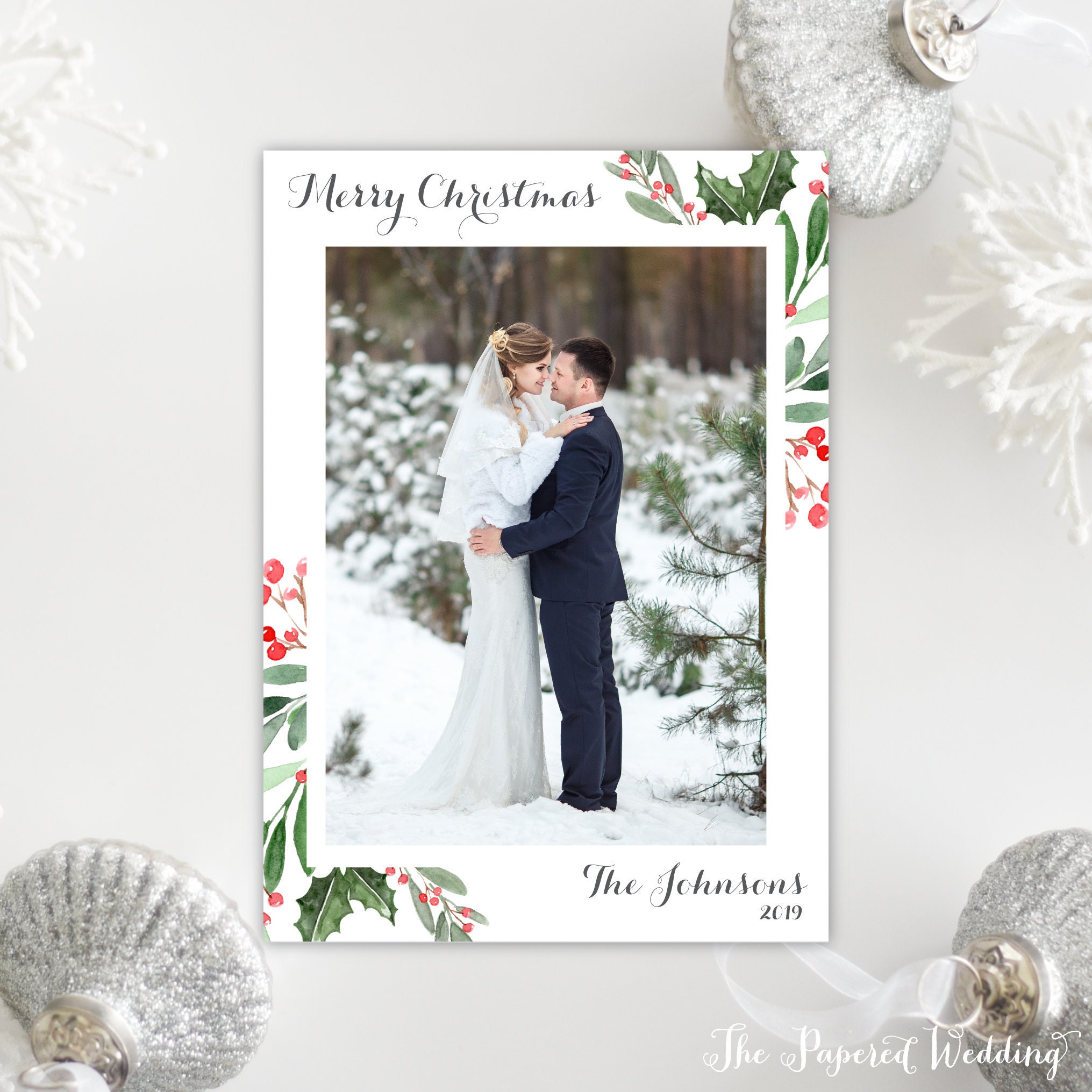 Printable Or Printed Christmas Cards With Holly & Berries - Red Green Photo Picture Holiday 093 P1