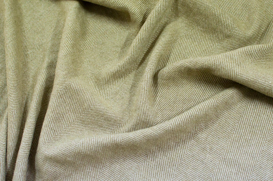 Softened Linen Wool Blend Fabric, Herringbone Pattern, Olive Green Wool, 270 Gsm, Washed Fabric By The Yard, Meter