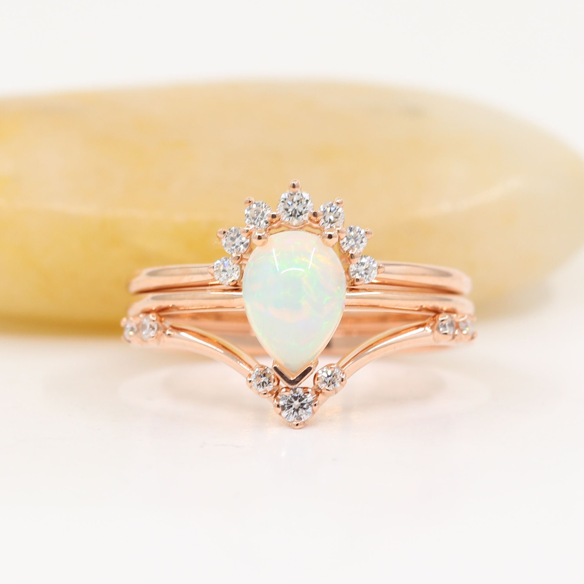 Natural Diamond Engagement 3 Ring Set.opal Bridal Ring.14K Solid White, Rose, Yellow Gold Set