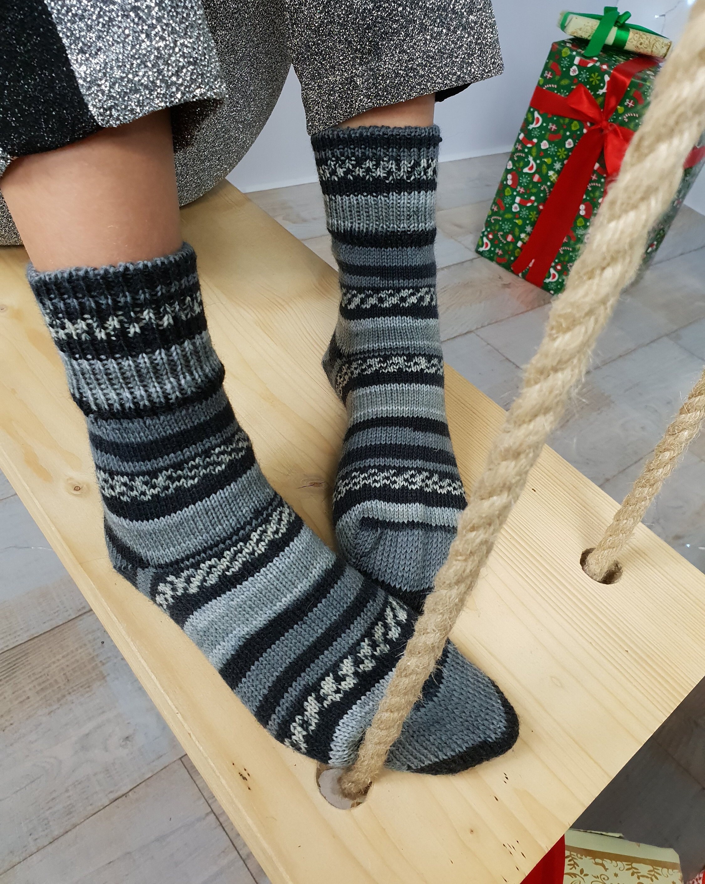 Grey Hand Knitted Socks For Women, Striped Wool Leg Warmers, Best Friend Gift Socks, Boot Birthday Wife
