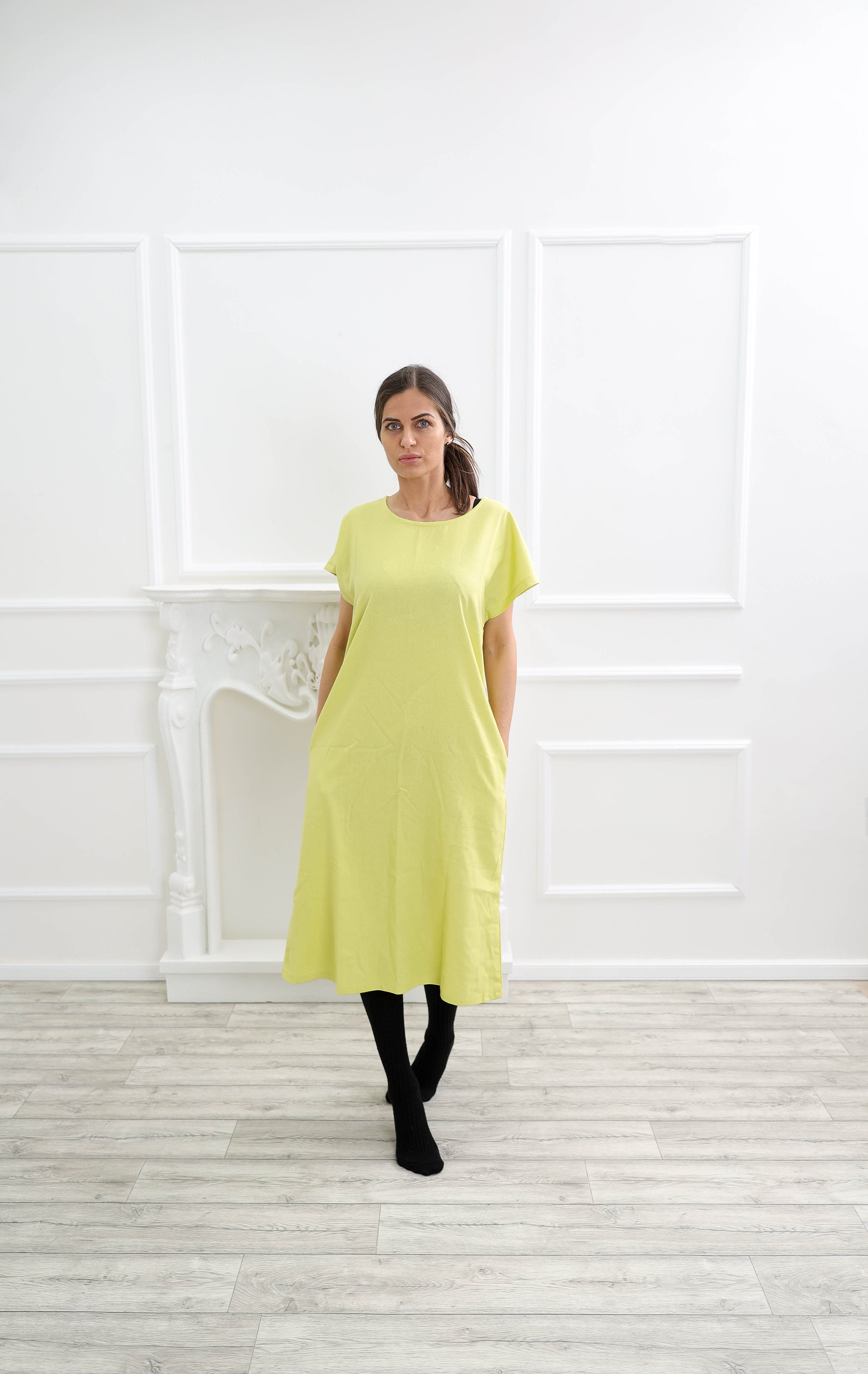 Yellow Linen Dress, Washed Women Midi Clothing, Loose Garden Plus Size Pocket Dress, Summer