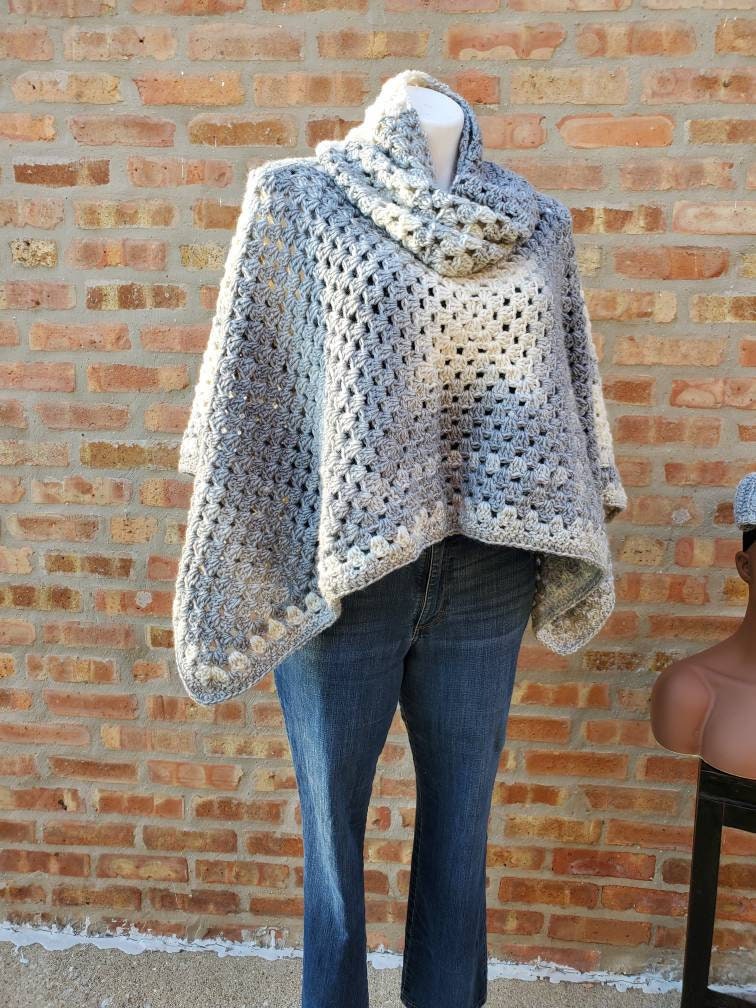 Shades Of Grey/Blend Poncho/ Crochet Granny Square Poncho With Matching Scarf & Hat