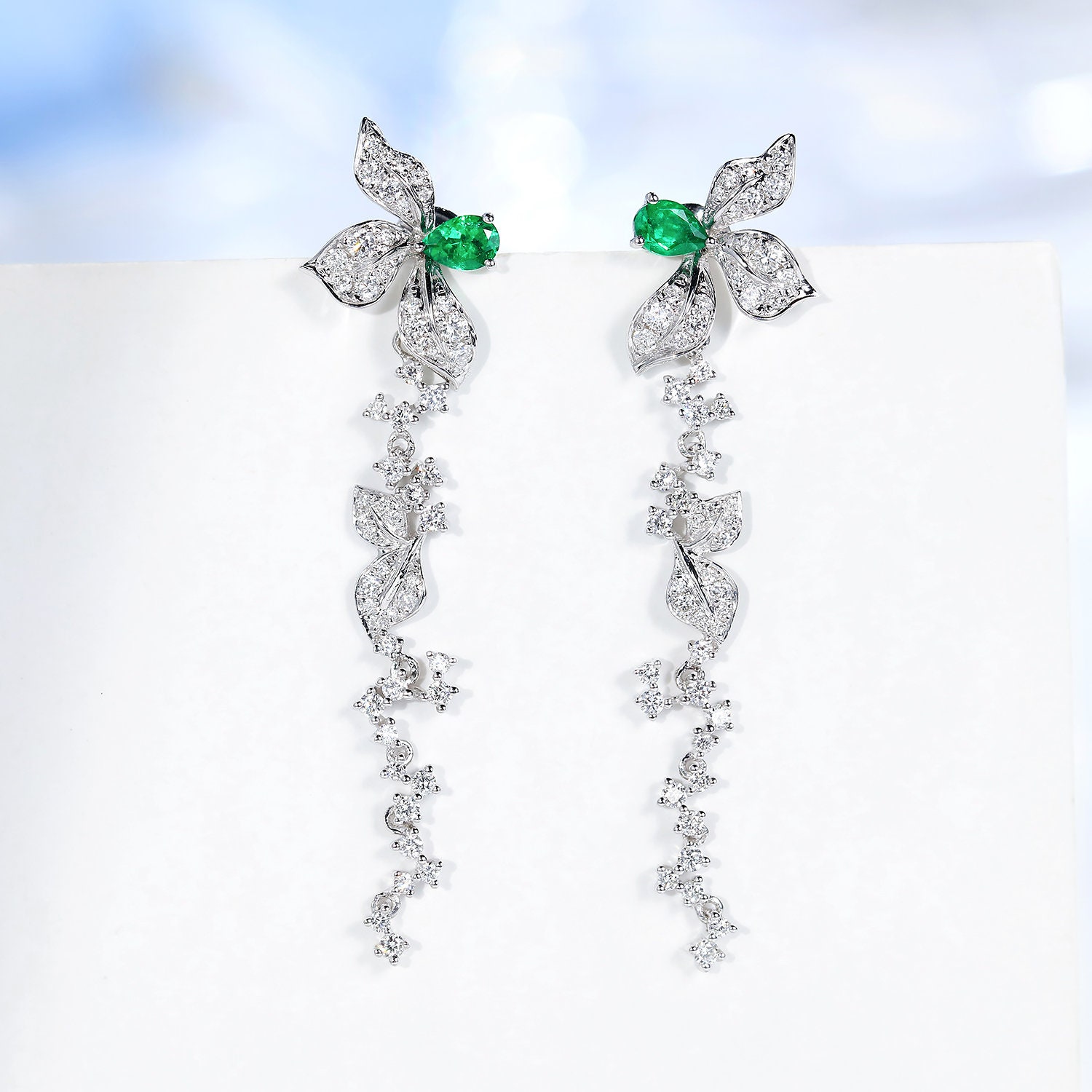 Diamond Emerald Flower Leaf Dangle Drop Earrings in Solid 18K Gold/Custom Fine Jewelry/Personalization Design/Gift For Women & Girls