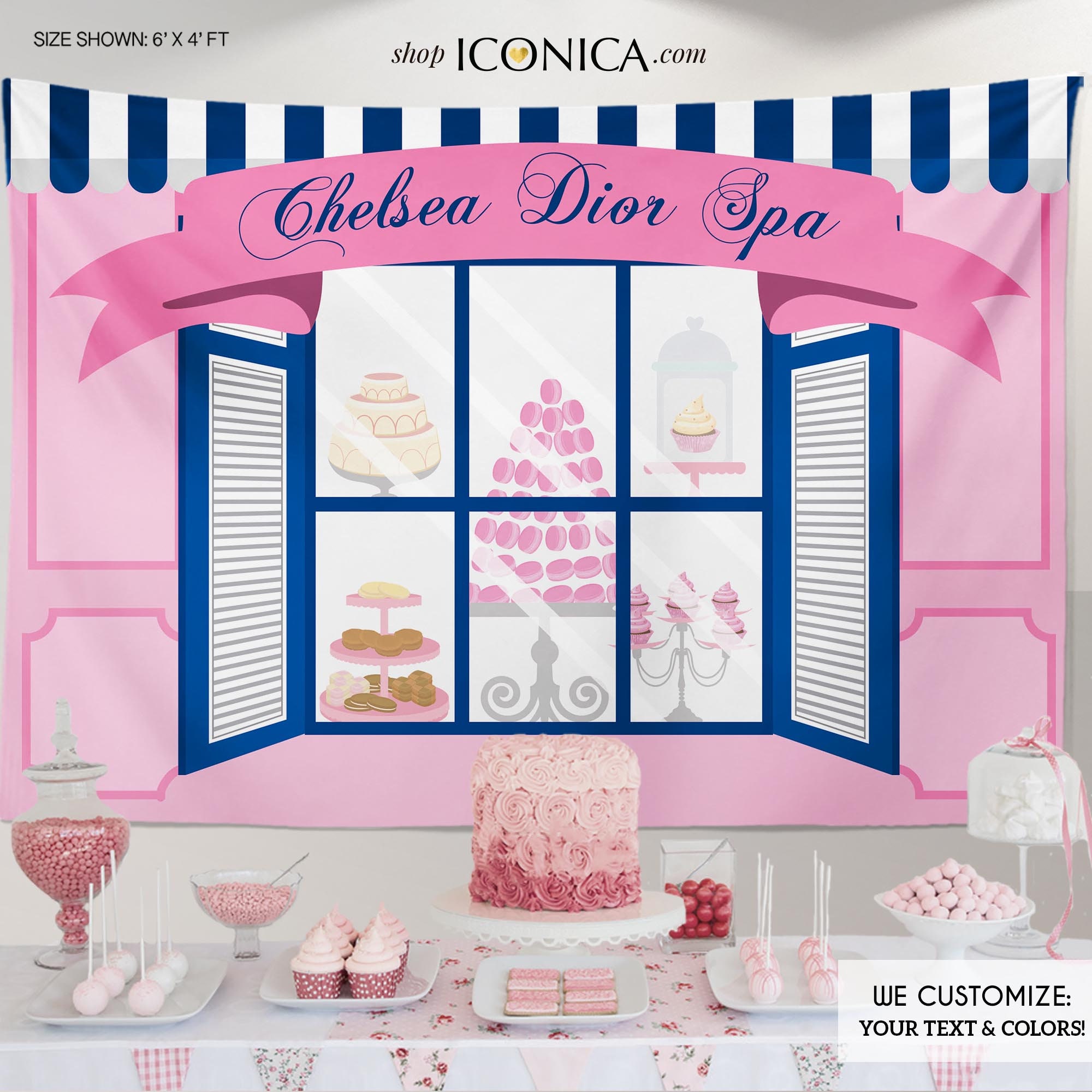 French Cafe Patisserie Party Backdrop, Pink & Blue, Party, Bakery Backdrop, Spa Digital File Or Printed Banner