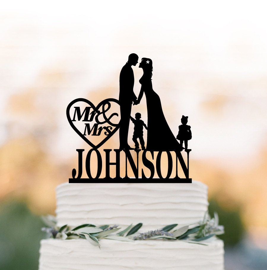 Personalized Wedding Cake Topper With Child, Customized Cake For Wedding, Silhouette Wedding Boy & Girl Mr Mrs