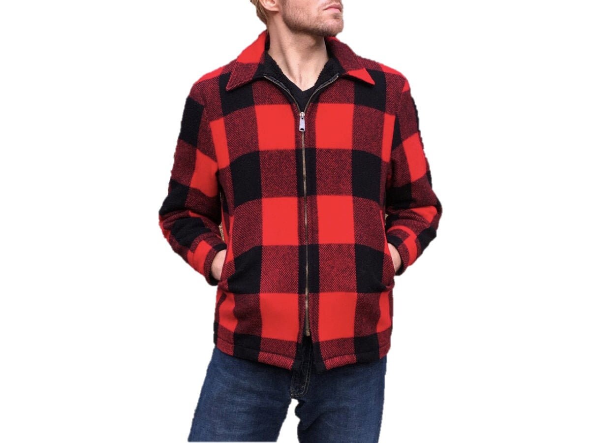 Woolrich Wool Blend Buffalo Coat - Fleece-Lined with Quilting in Sleeves Red, Black Plaid Vintage Zip Up Barn Jacket Men's Size Medium M