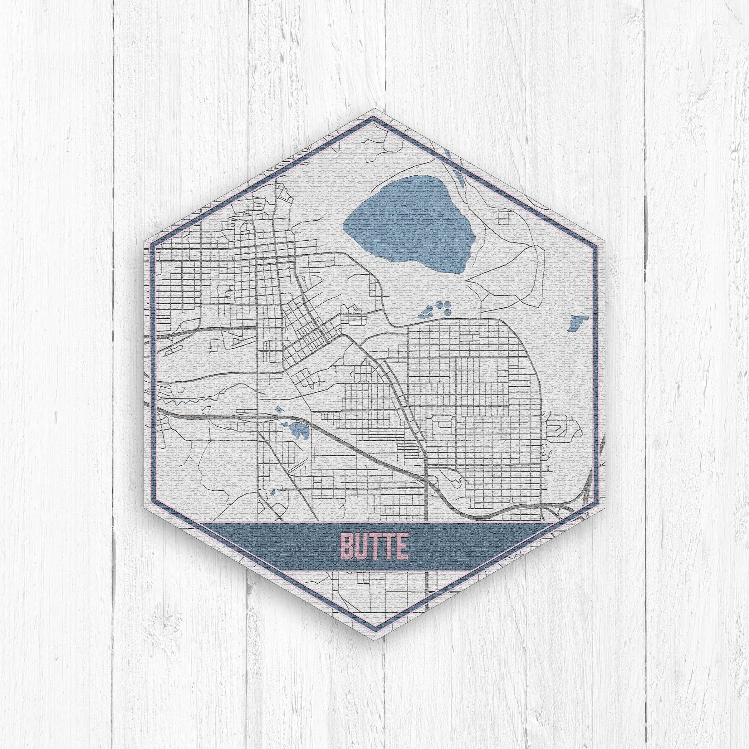 Butte Montana Street Map, Hexagon, Gray & Blue Print, Hexagon City Canvas