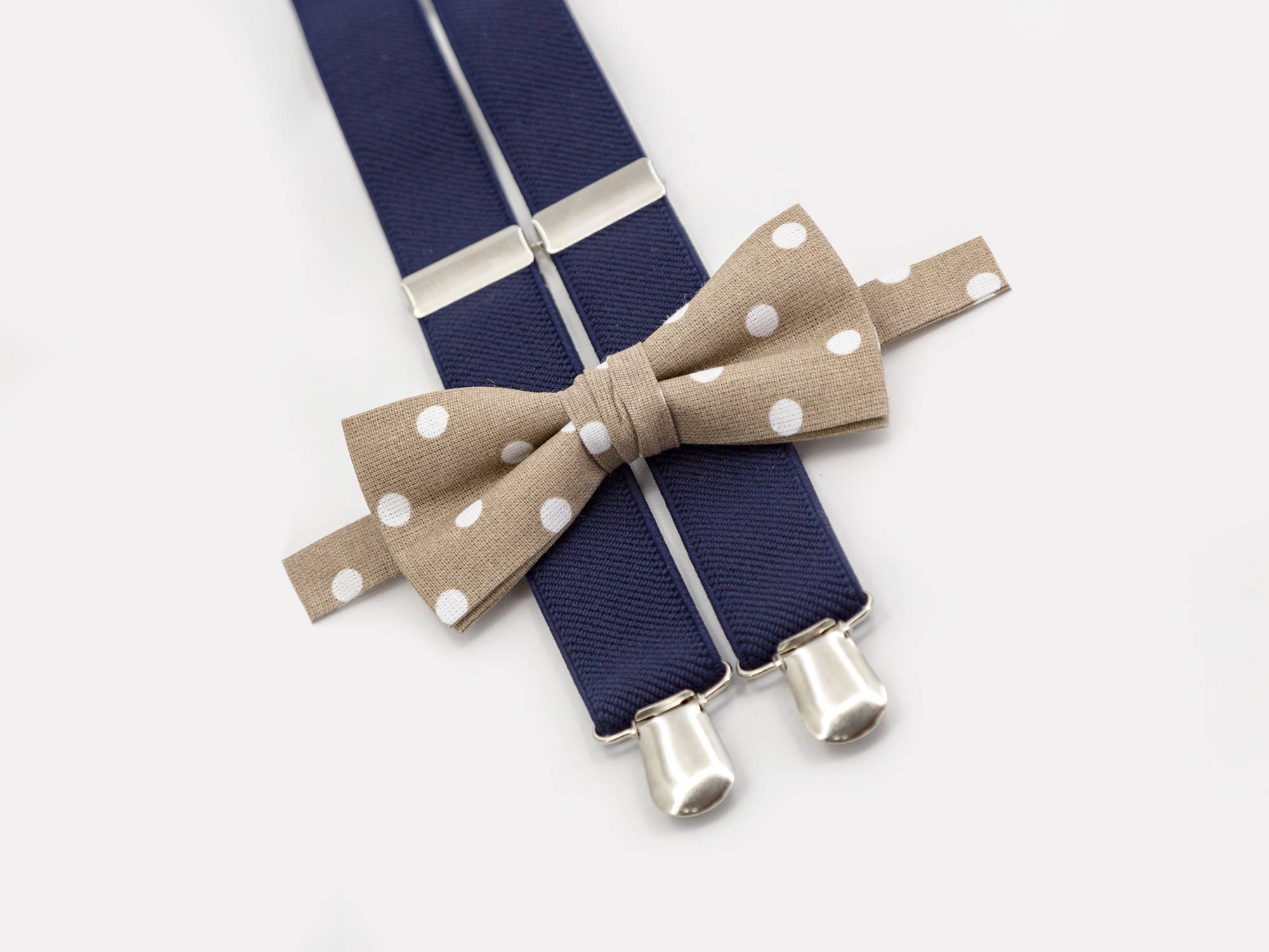 Father Son Matching Bow Ties Tan Tie & Navy Blue Suspenders Bowtie Polka Dots