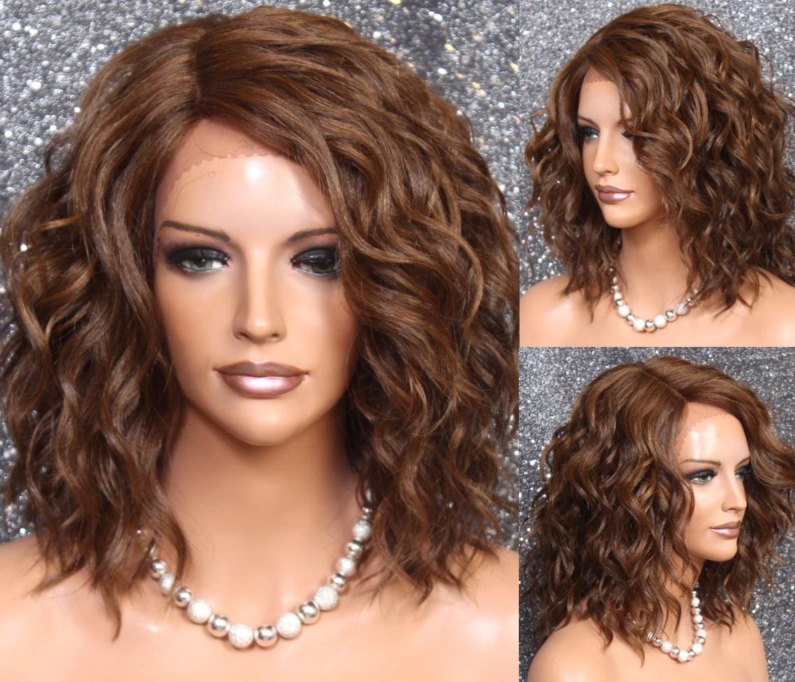 Brown Auburn Mix Human Hair Blend Wig Lace Front L Shape Part Mono Handtied Short Curly Cancer Alopecia Theather Cosplay Drag