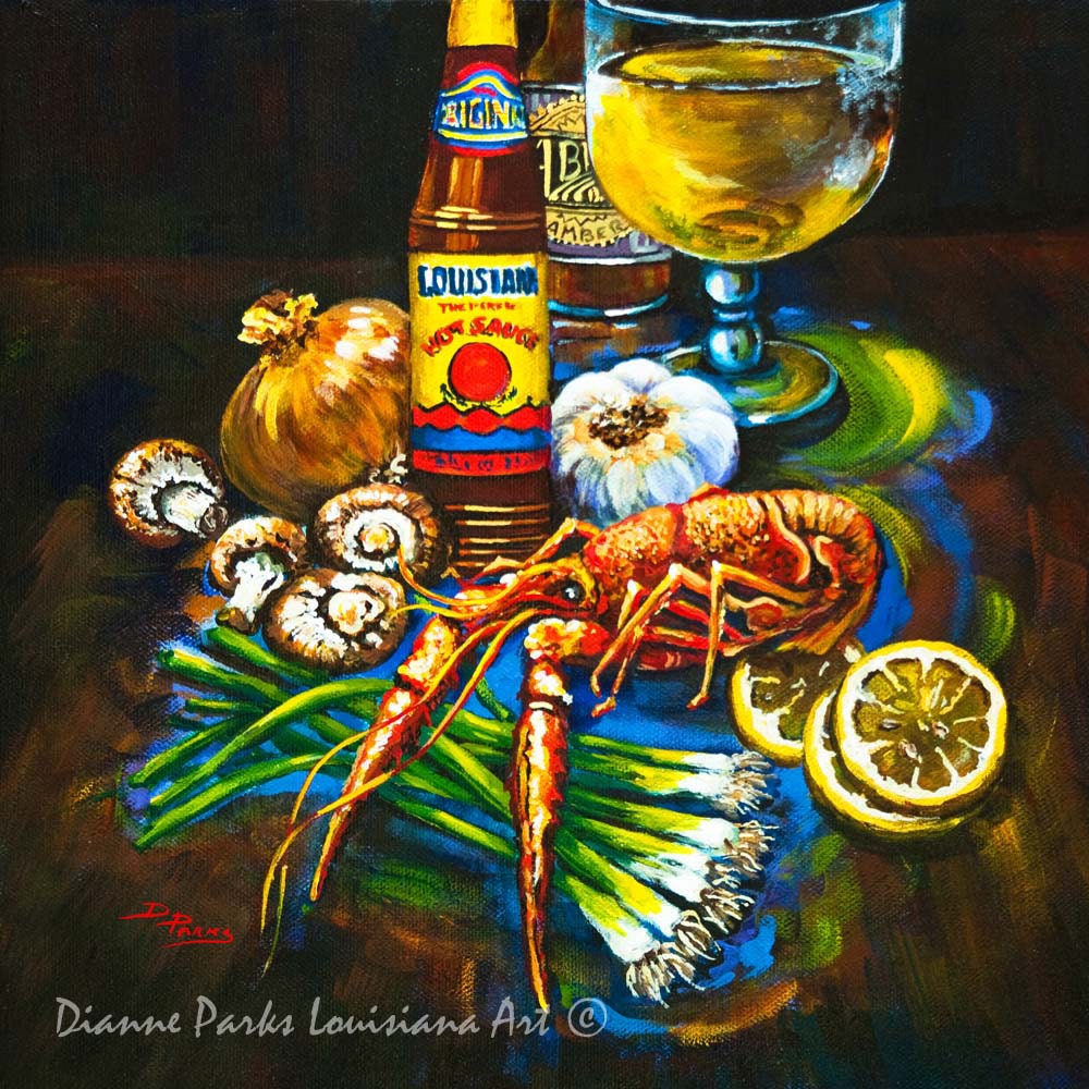 Crawfish, Boiled New Orleans Food Art, Louisiana Hot Sauce, Seafood, Kitchen Gift, Art Print - "Crawfish Fixin's'