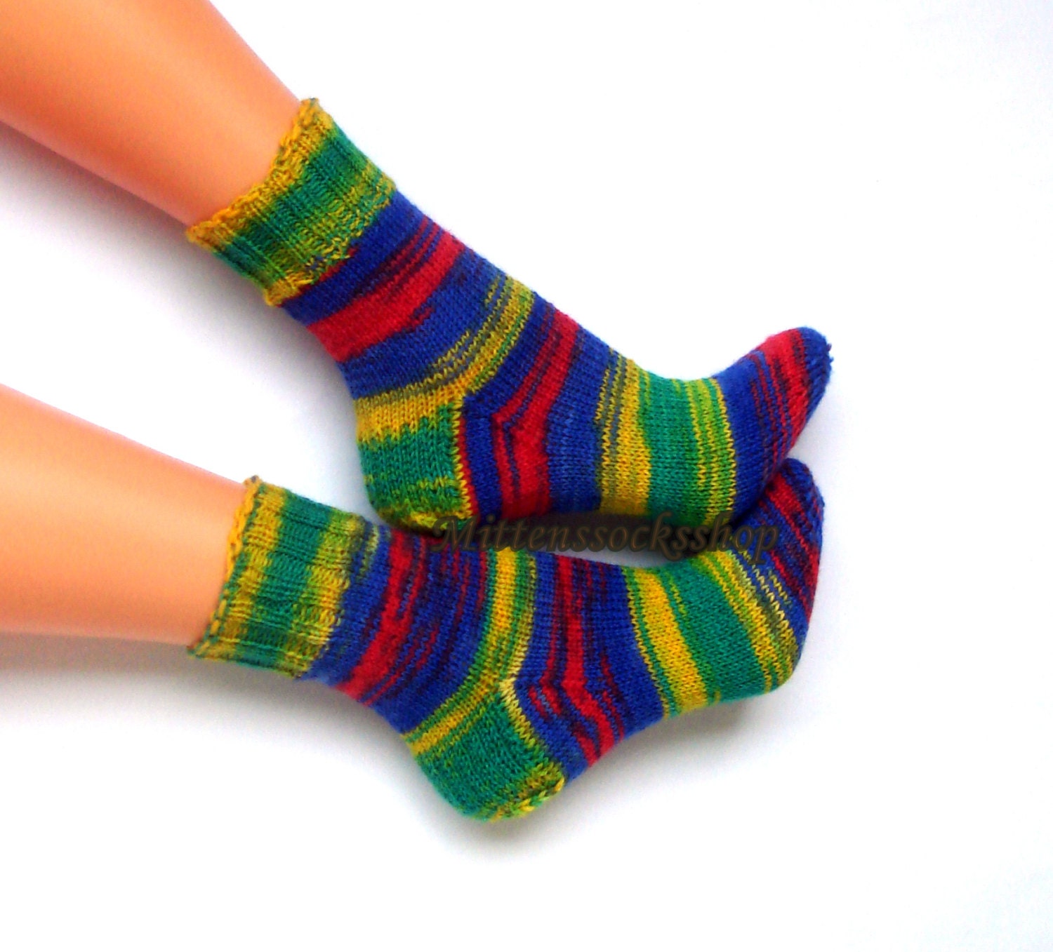 Blue Green Red Yellow Socks Hand Knitted Women's Colorful Girl's Bright Striped Gift Idea 2021