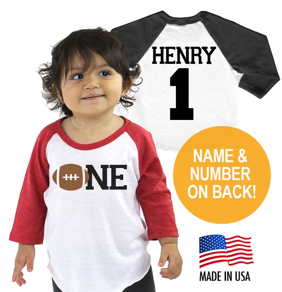 Football 1st Birthday Tri-Blend Raglan Baseball Shirt - Personalized Name & Number On Back Infant, Toddler Sizes