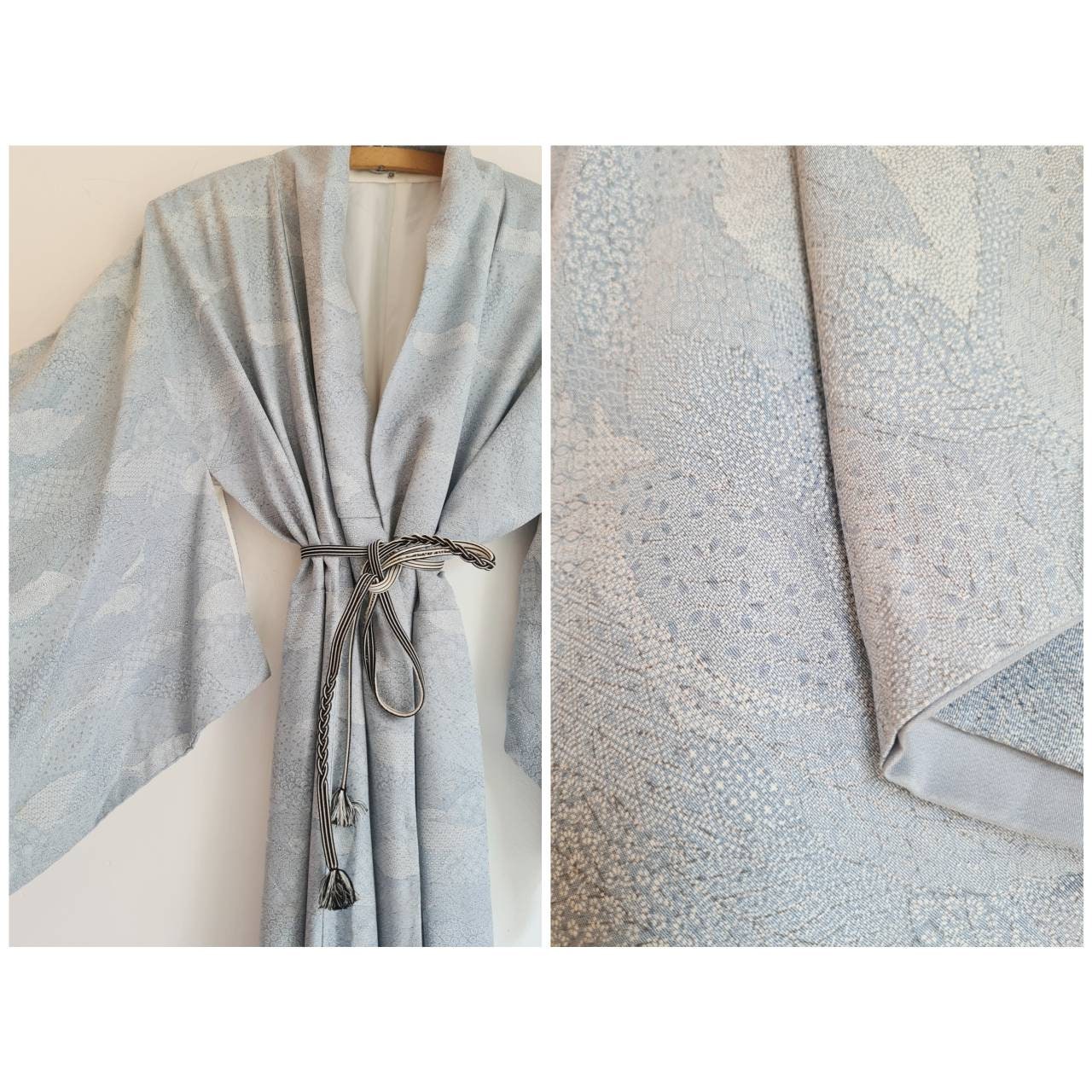 Vintage Long Silk Blend Baby Blue Japanese Kimono Free Size