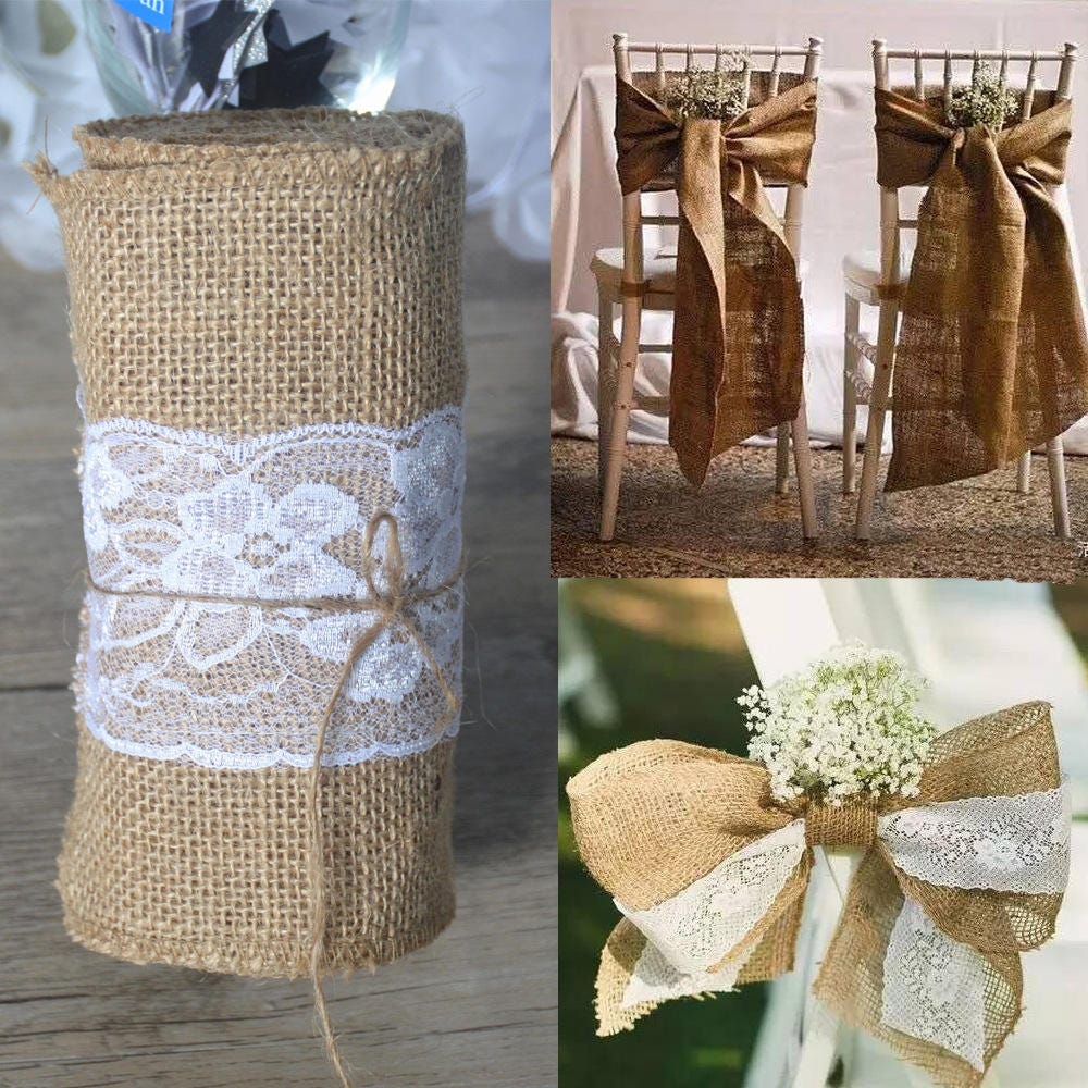 15275cm Natural Jute Burlap Chair Cover With Middle White Lace , Vintage Wedding Decorations, Bridal Shower, Baby Rustic Decor