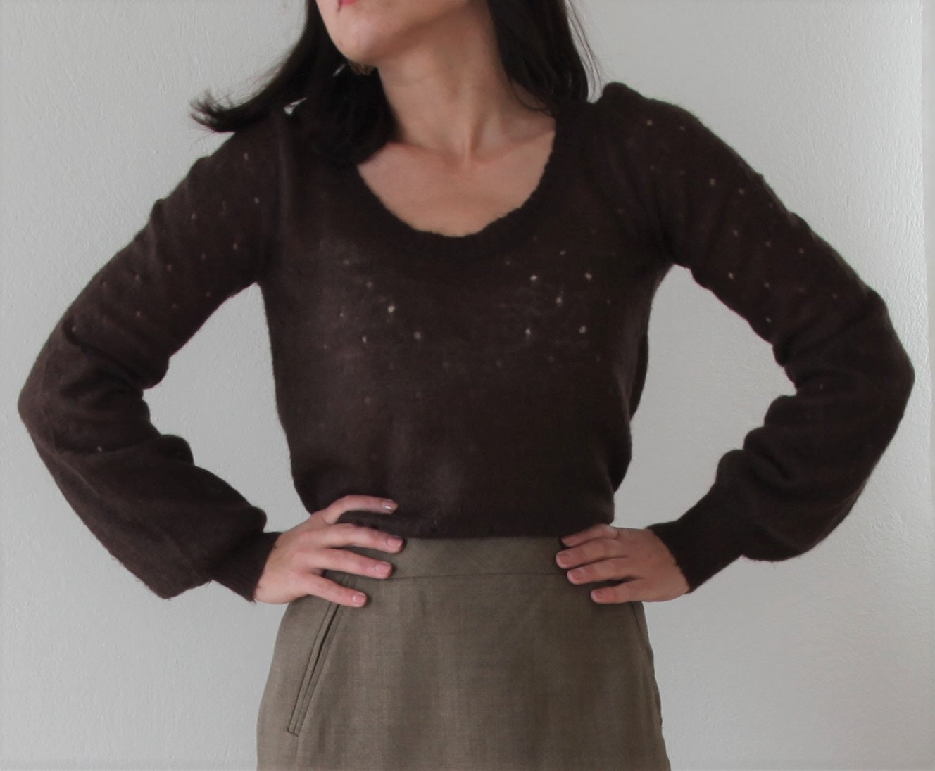 Vintage Brown Mohair Blend Hollow Knit Blouse, Pullover, Sweater.size Xs/S