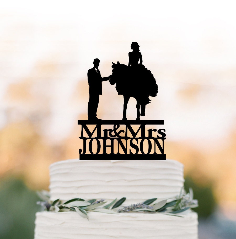 Bride On Horse Personalized Wedding Cake Topper, & Groom Silhouette With Mr Mrs Custom Name Country
