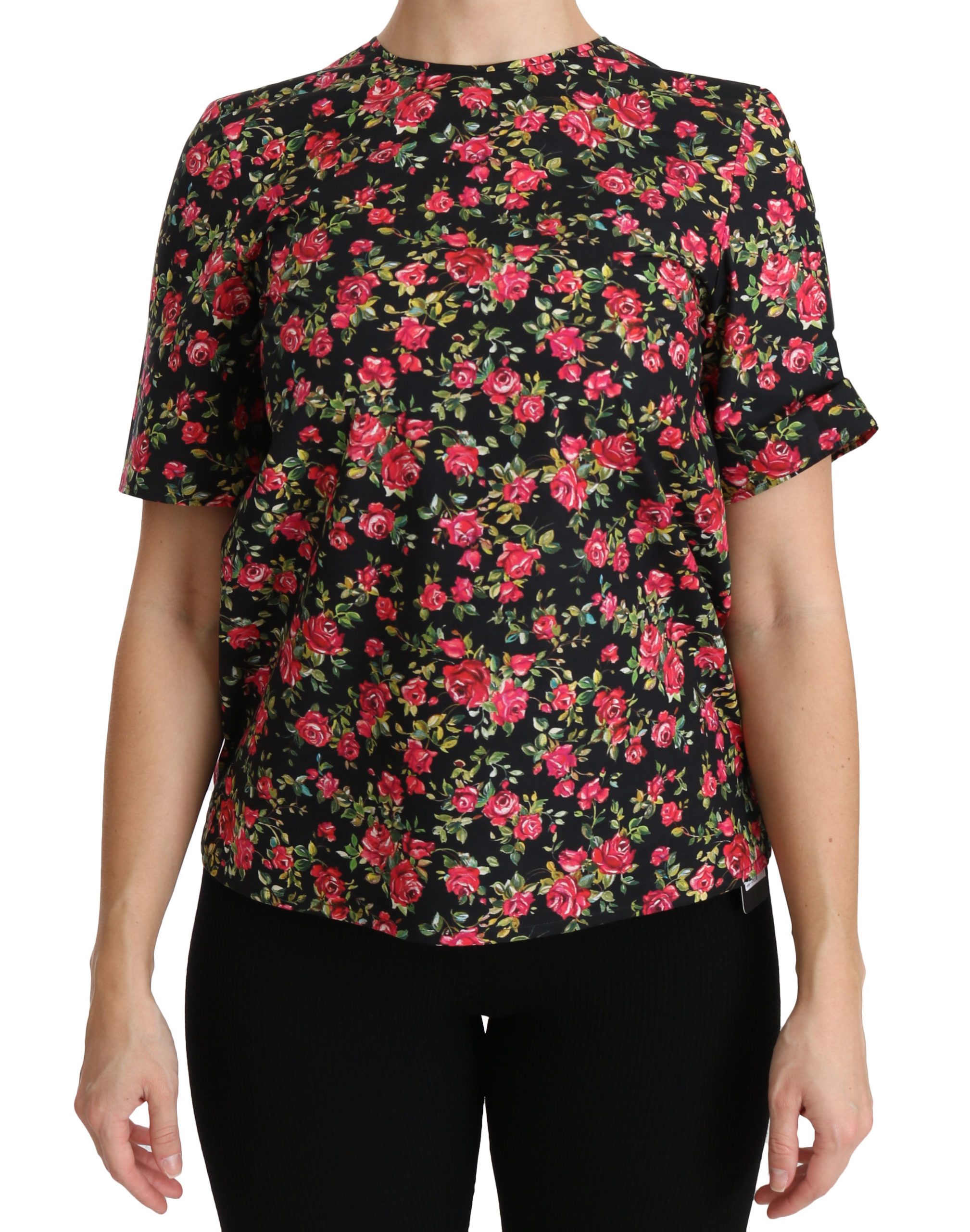 Black Floral Roses Short Sleeve Top Blouse - IT36 | XS