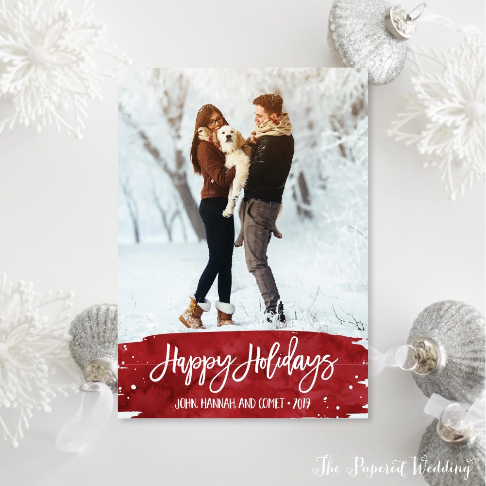 Printable Or Printed Red Watercolor Holiday Cards - & White Happy Holidays Photo Christmas 042 P1