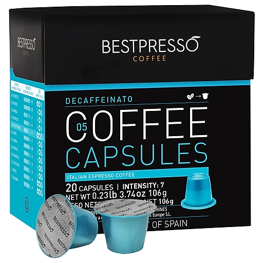 Bestpresso Compatible Nespresso Pods, Decaffeinatio Blend, Light Intensity, 20 Capsules per Box (BEST-05DECAF)
