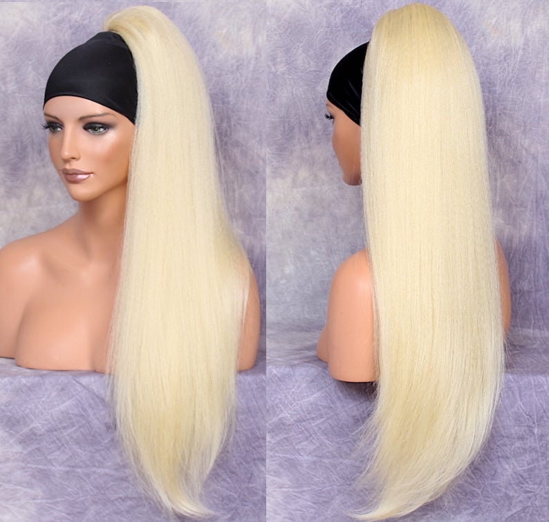 Blonde Extra Long 28 Human Hair Blend Textured Straight Heat Safe Ponytail Extension W. Drawstring Cancer Alopecia Theater Cosplay