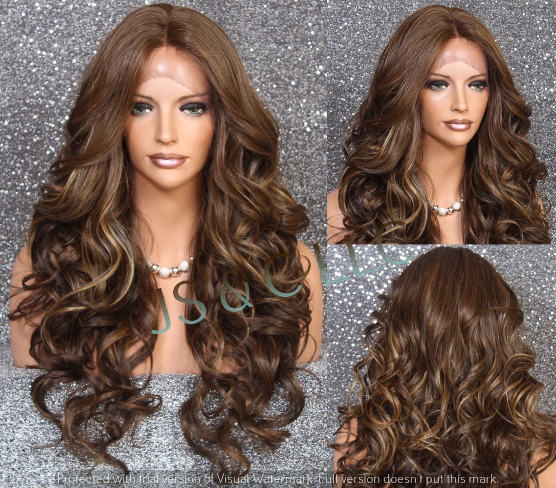 Carmel Brown Mix Human Hair Blend Lace Front Full Wig Center Hand Tied Part Curly Layered Cancer/Alopecia/Cosplay
