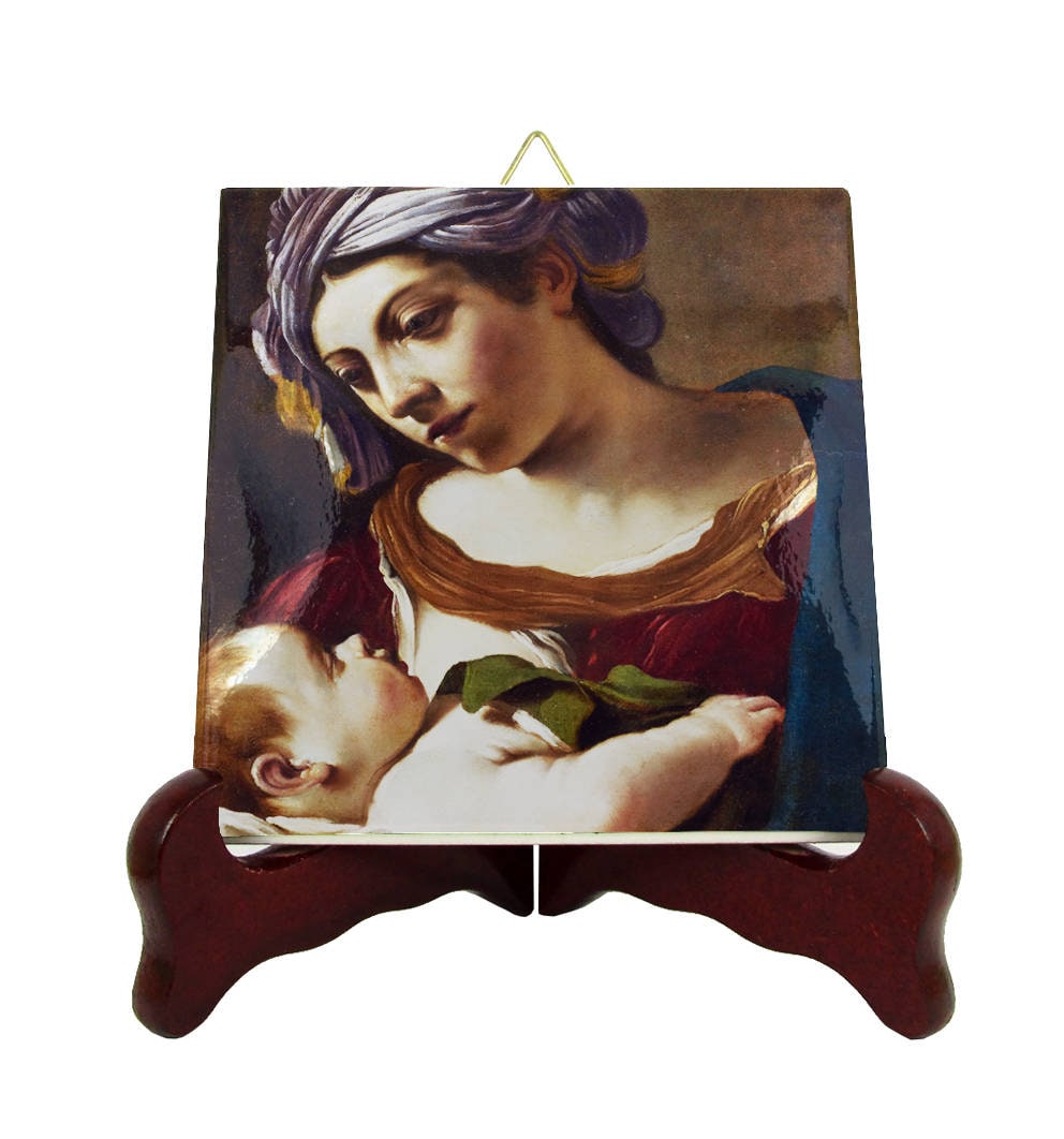 Madonna & Child Icon On Tile - Religious Wall Art Catholic From A Painting By Guercino Devotional Item Virgin Mary
