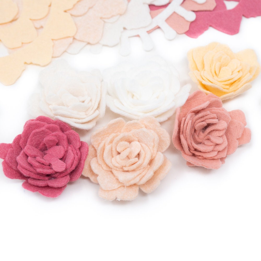 12 Large Wool Blend Felt 3D Tattered Roses Die Cut Applique Flowers - Rosey Cheeks