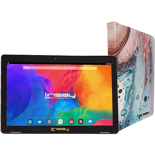 Linsay 10.1" Tablet with Case, WiFi, 2GB RAM, 32GB Storage (Android), Black/Space Marble (F10IPSPAC)