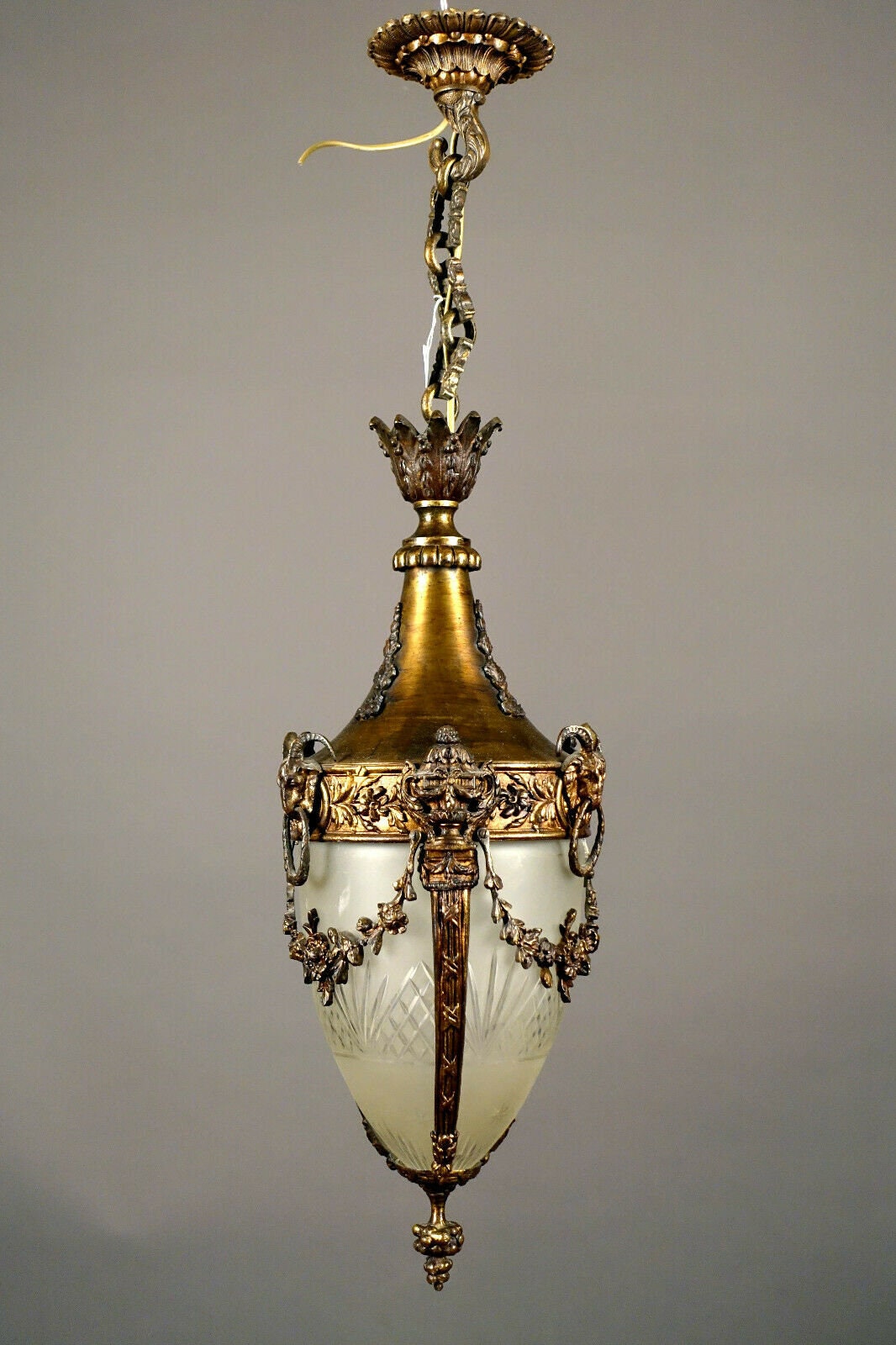 Antique French Hall Lantern Bronze Crystal Glass Louis Xvi Decor Ram Heads