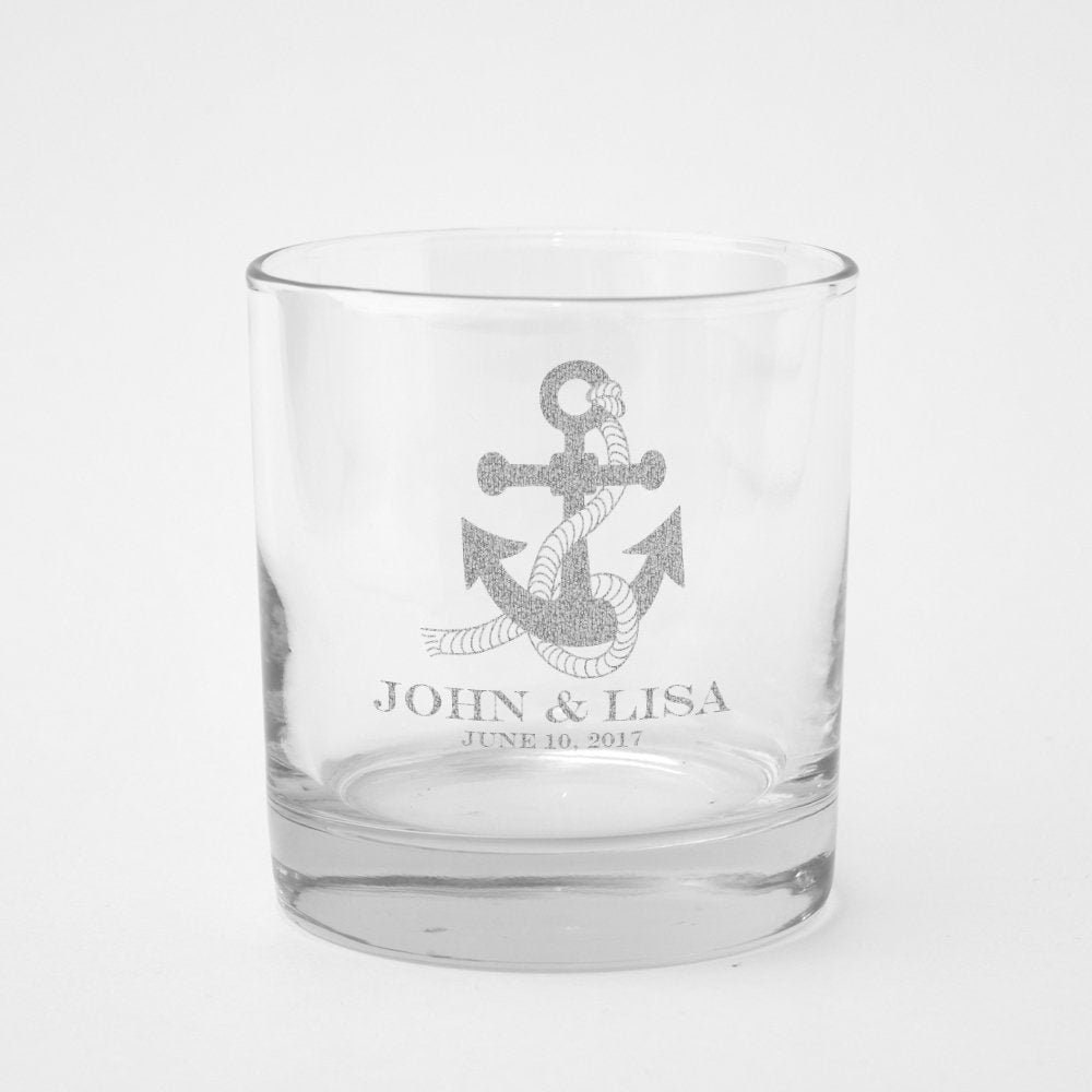 Custom Nautical Wedding Engraved Glass ~ Anniversary Gift Bride & Groom Anchor Rope Navy Family Pint Rocks Shot Flute