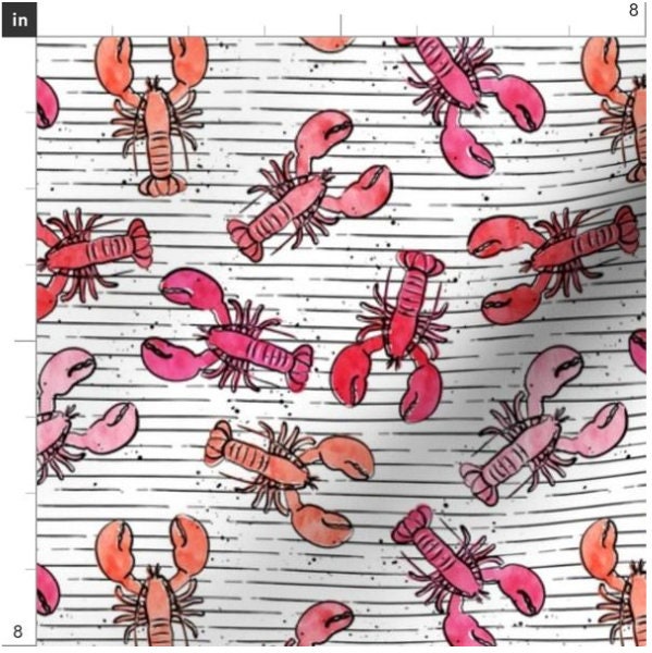 Lobsters On Stripes Fabric By The Yard | Summer Nautical Beach Ocean Seafood Maine Watercolor Made To Order Organic