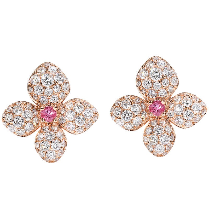 Diamond Pink Sapphire Lucky Clover Stud Earrings in Solid 18K Gold/Custom Fine Jewelry/Personalization Design/Gift For Women & Girls