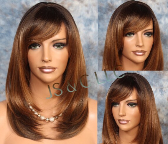 Human Hair Blend Wig Face Framing Razor Cut Carmel Brown Auburn Mix Heat Ok Full Bangs Center Part Stright Long Hair Cancer/Alopecia/Cosplay
