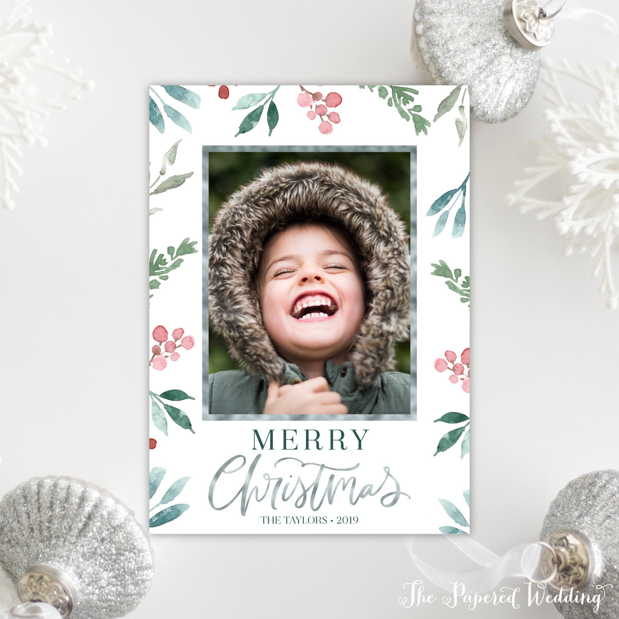 Printable Or Printed Red & Green Picture Christmas Cards With Faux Silver Foil - Photo Holiday with Greenery Berries 096 P1