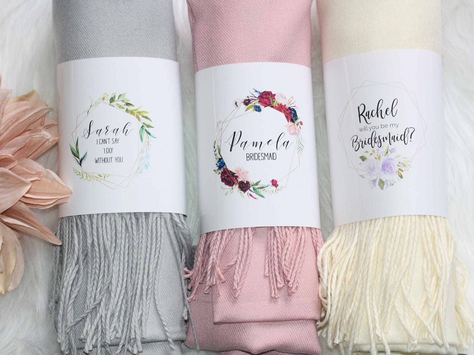Cashmere Blend Bridesmaid Pashmina With Personalized Band, Proposal, Bridal Party Gift