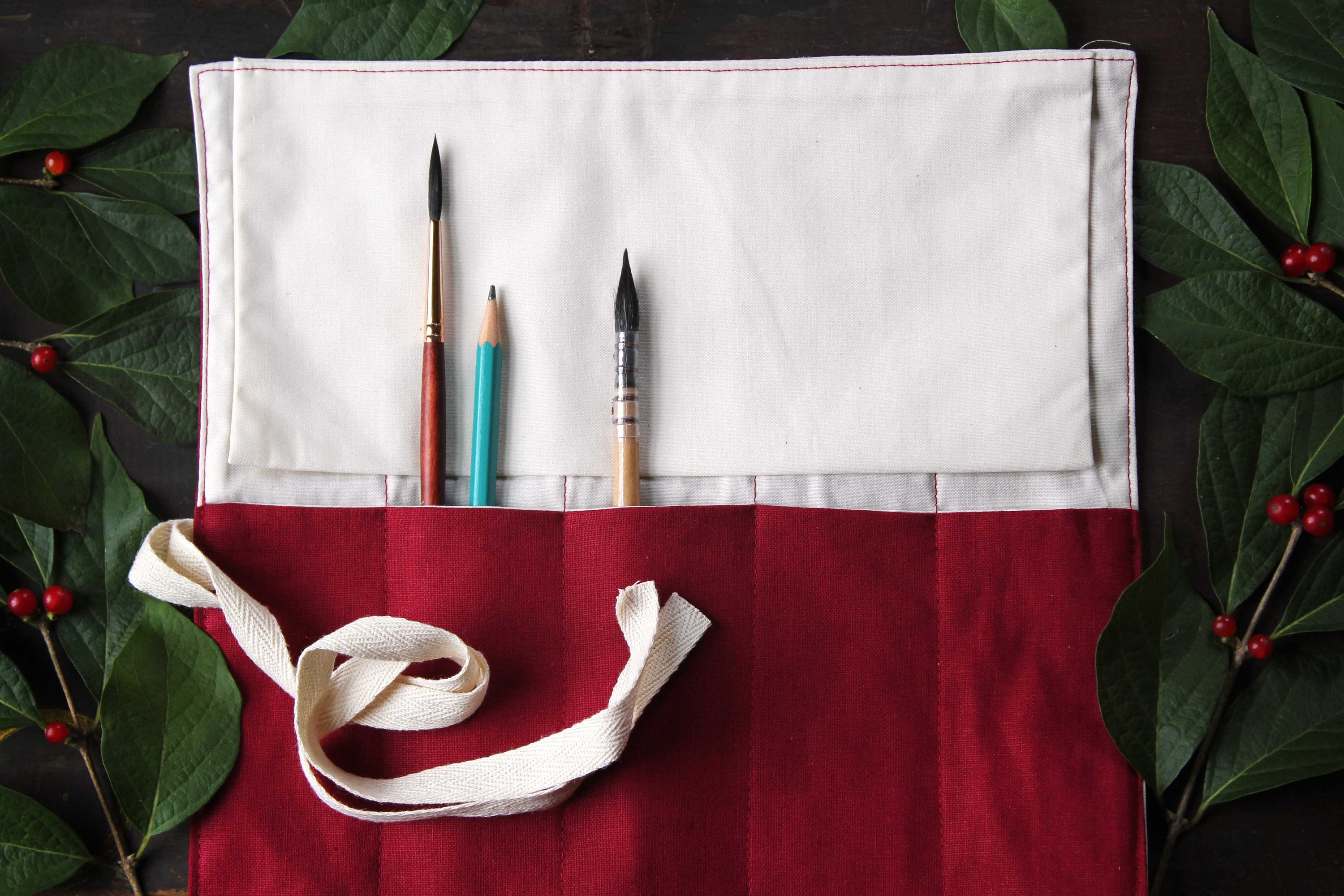 Artist Brush Roll - Wine Linen Blend Organizer Pen Travel Case Gift For Storage Pencil